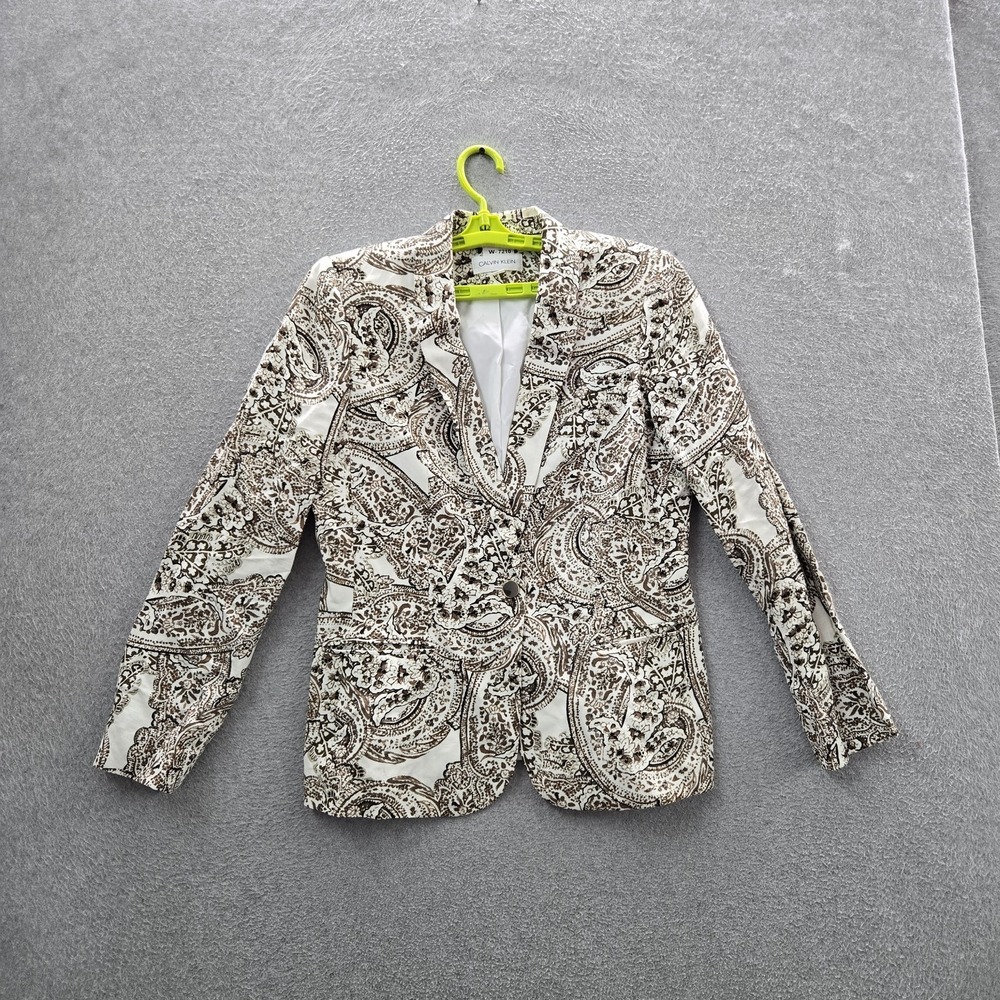 Calvin Klein‎ Women Blazer 10 Brown Linen Blend Paisley Button